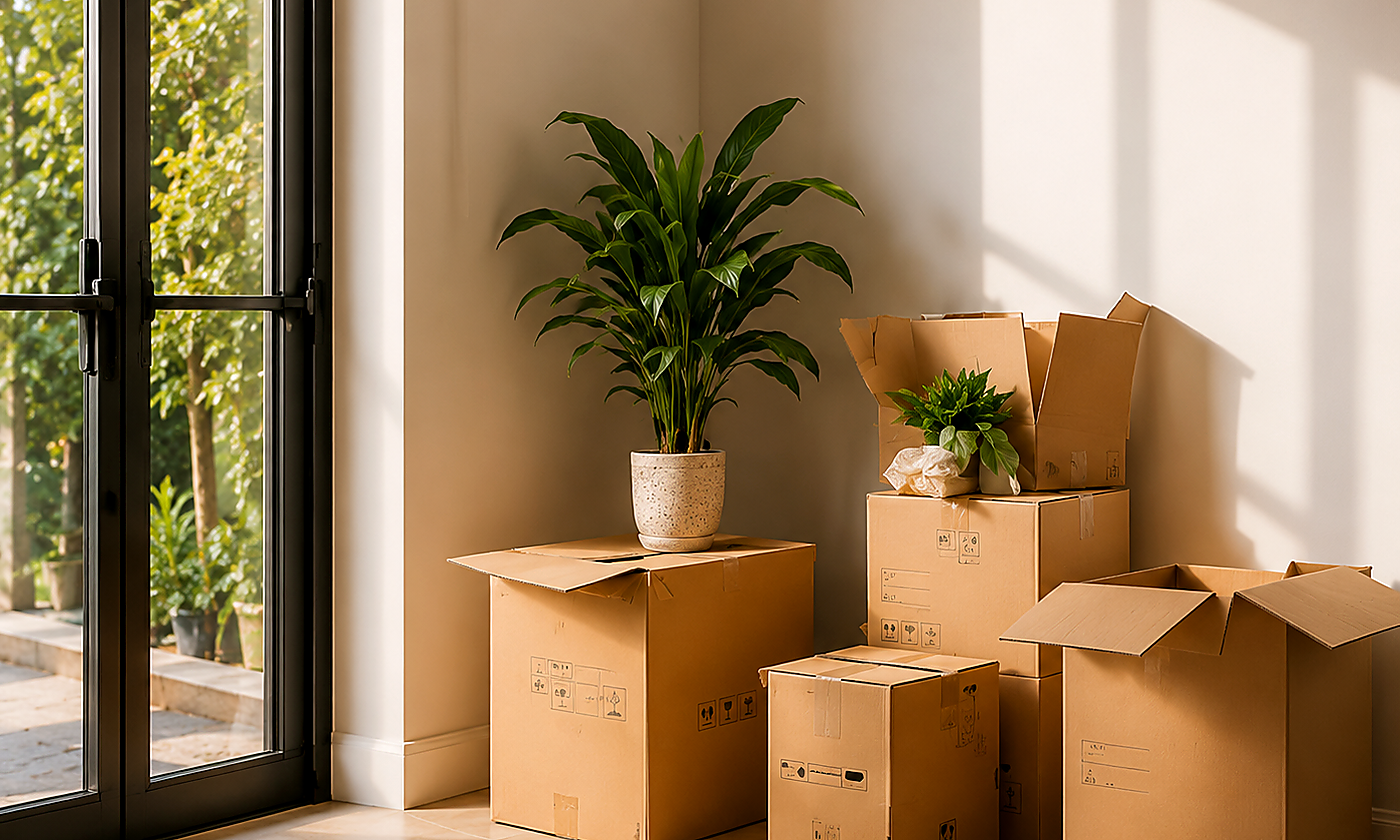 Moving boxes in a bright new home
