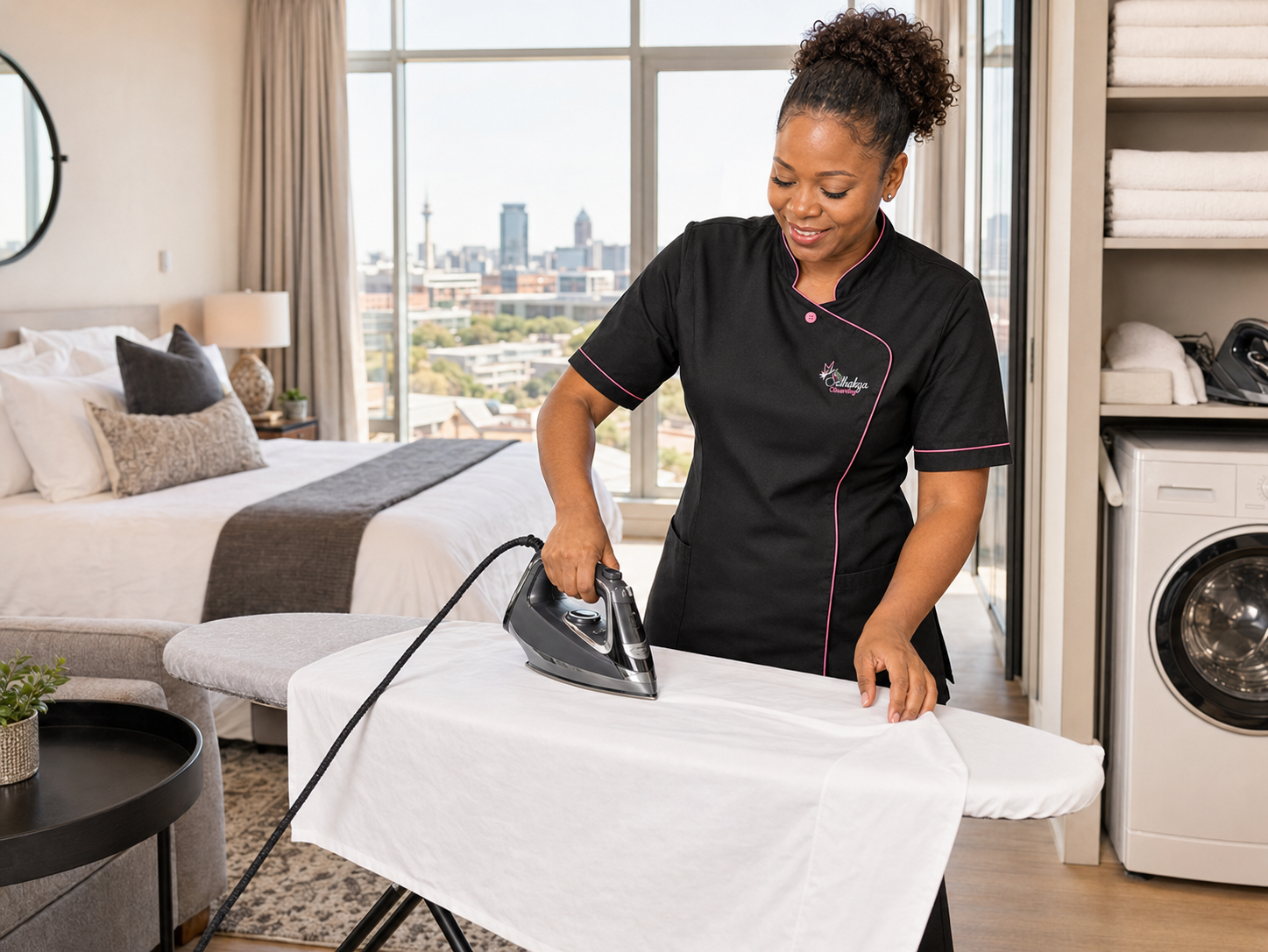 Sethakga cleaner ironing fresh linen for a premium Airbnb stay