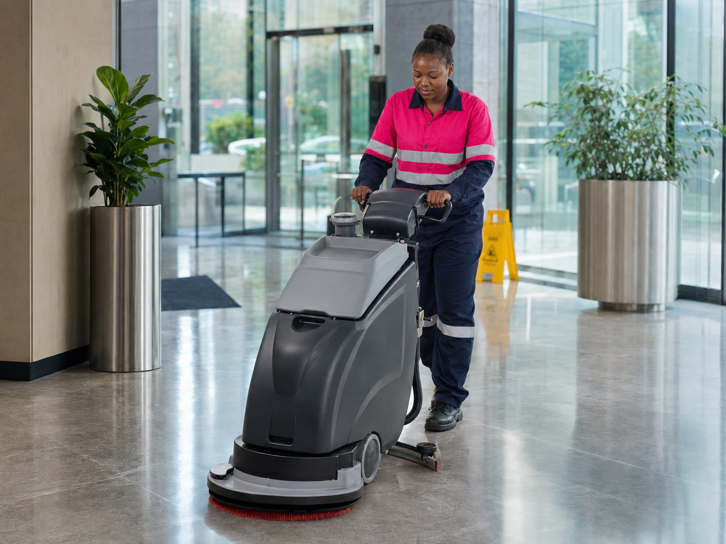Sethakga cleaner operating professional floor-care equipment in a shared building