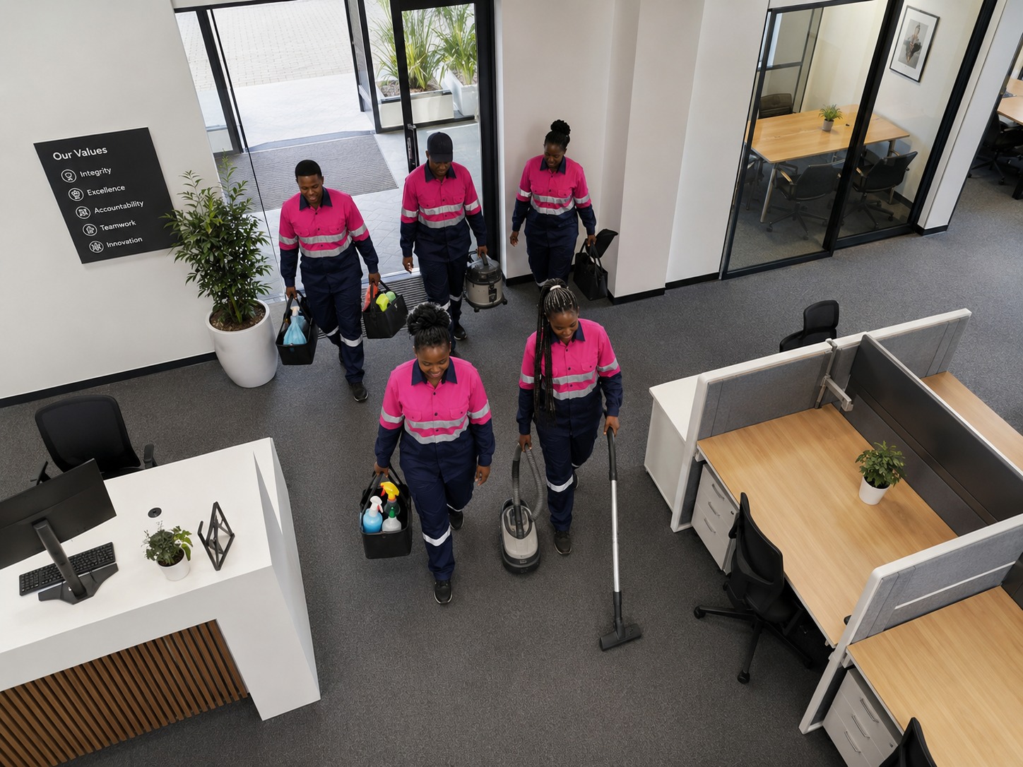 Sethakga commercial cleaning team arriving at a modern Gauteng office