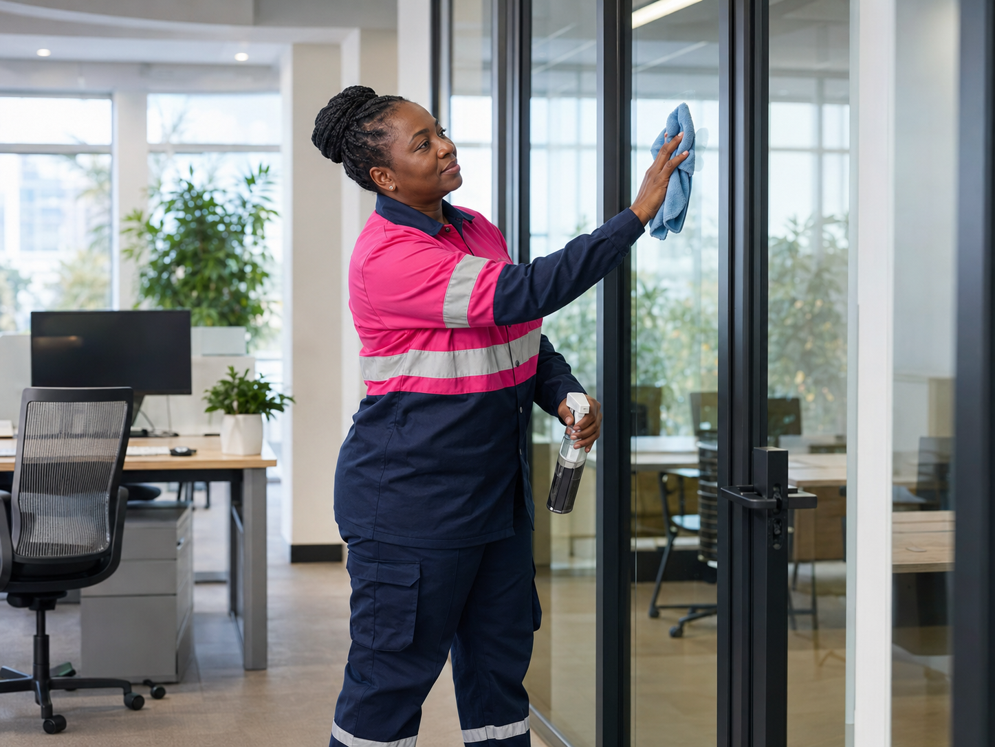 Sethakga cleaner caring for glass partitions in a modern office