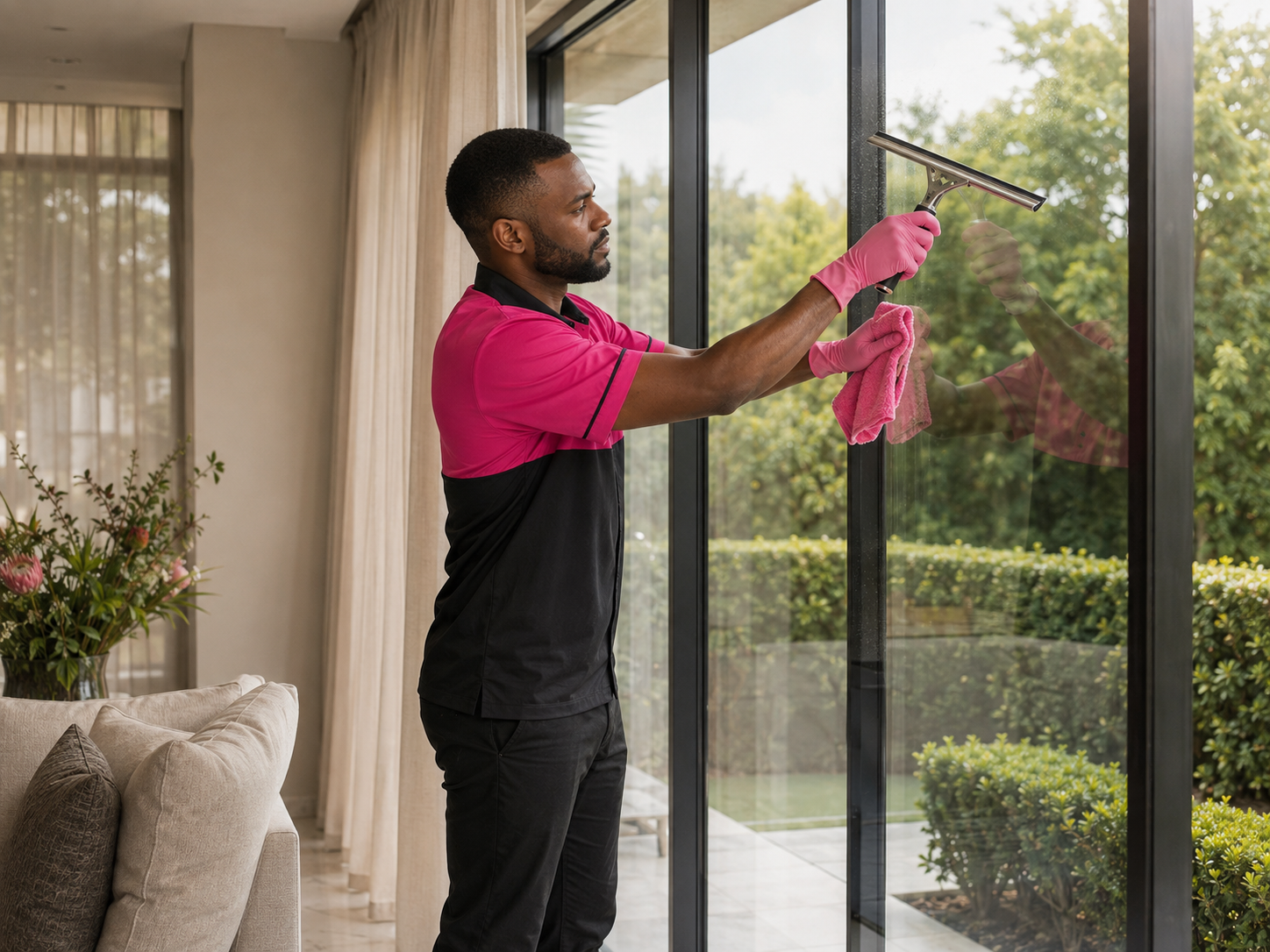 Sethakga cleaner washing a large glass window