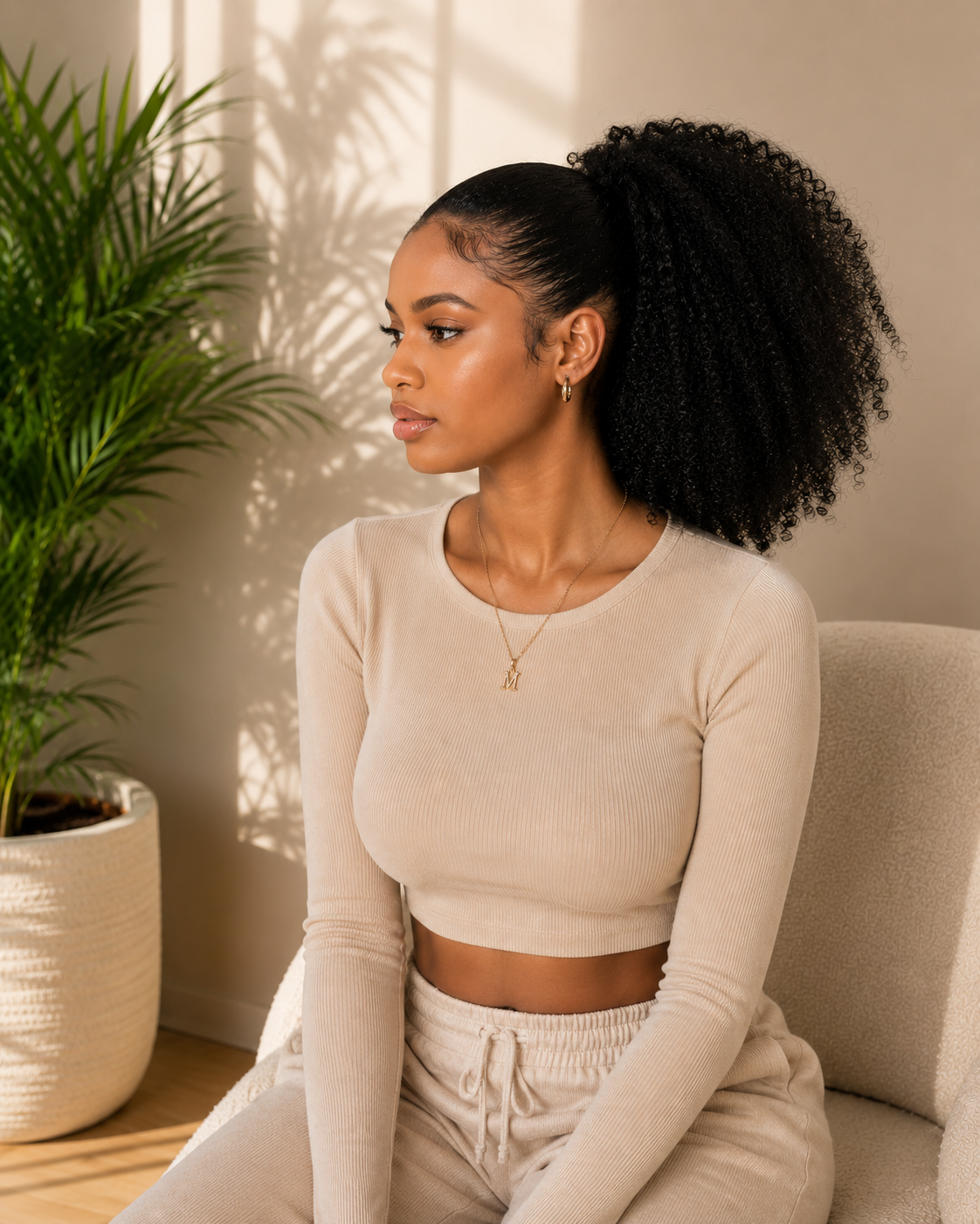 Elegant curly ponytail hairstyle in a warm home setting
