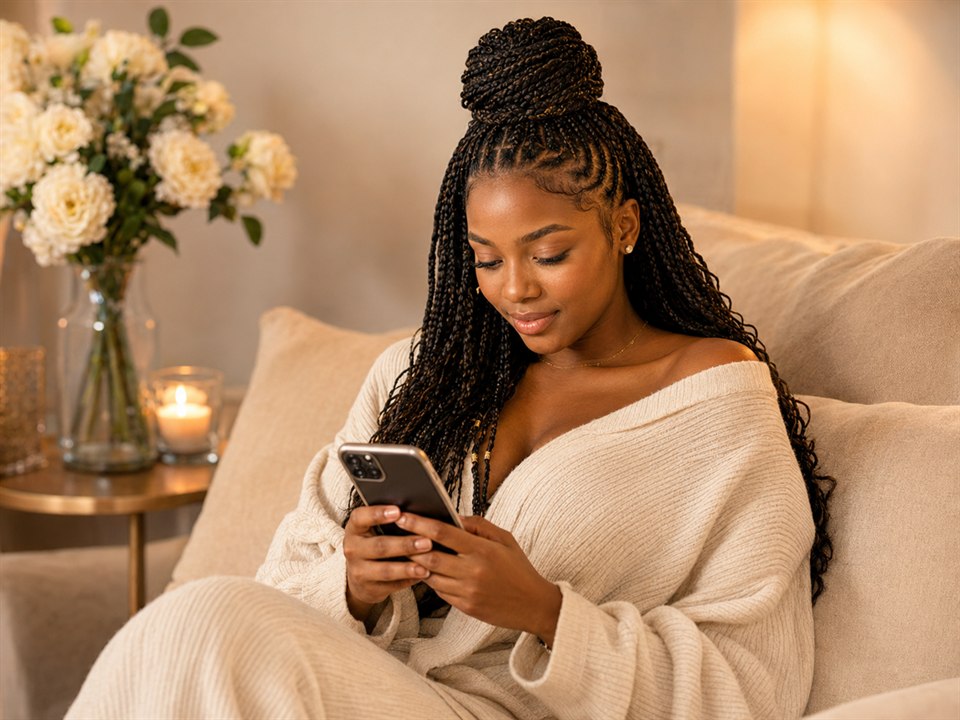 Woman relaxing at home with long finished braids