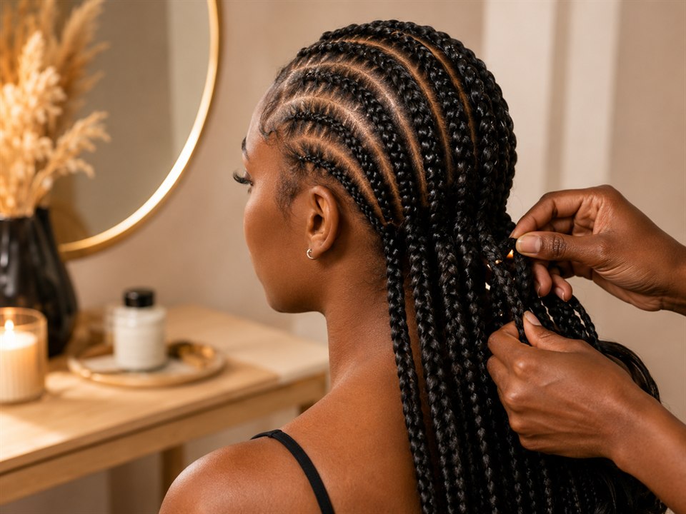 Professional braider creating neat cornrow braids