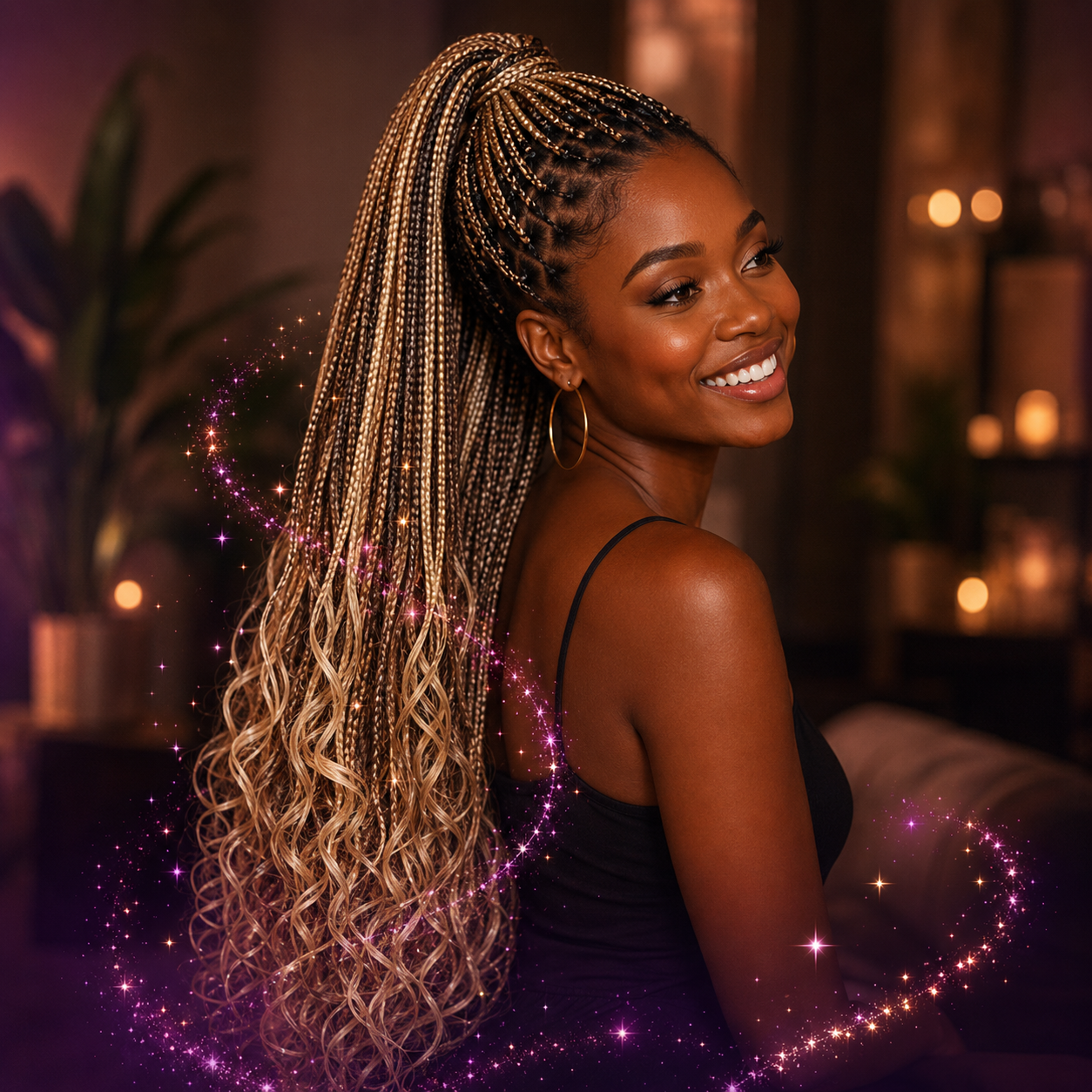 Smiling woman with long highlighted braids in a warm home setting