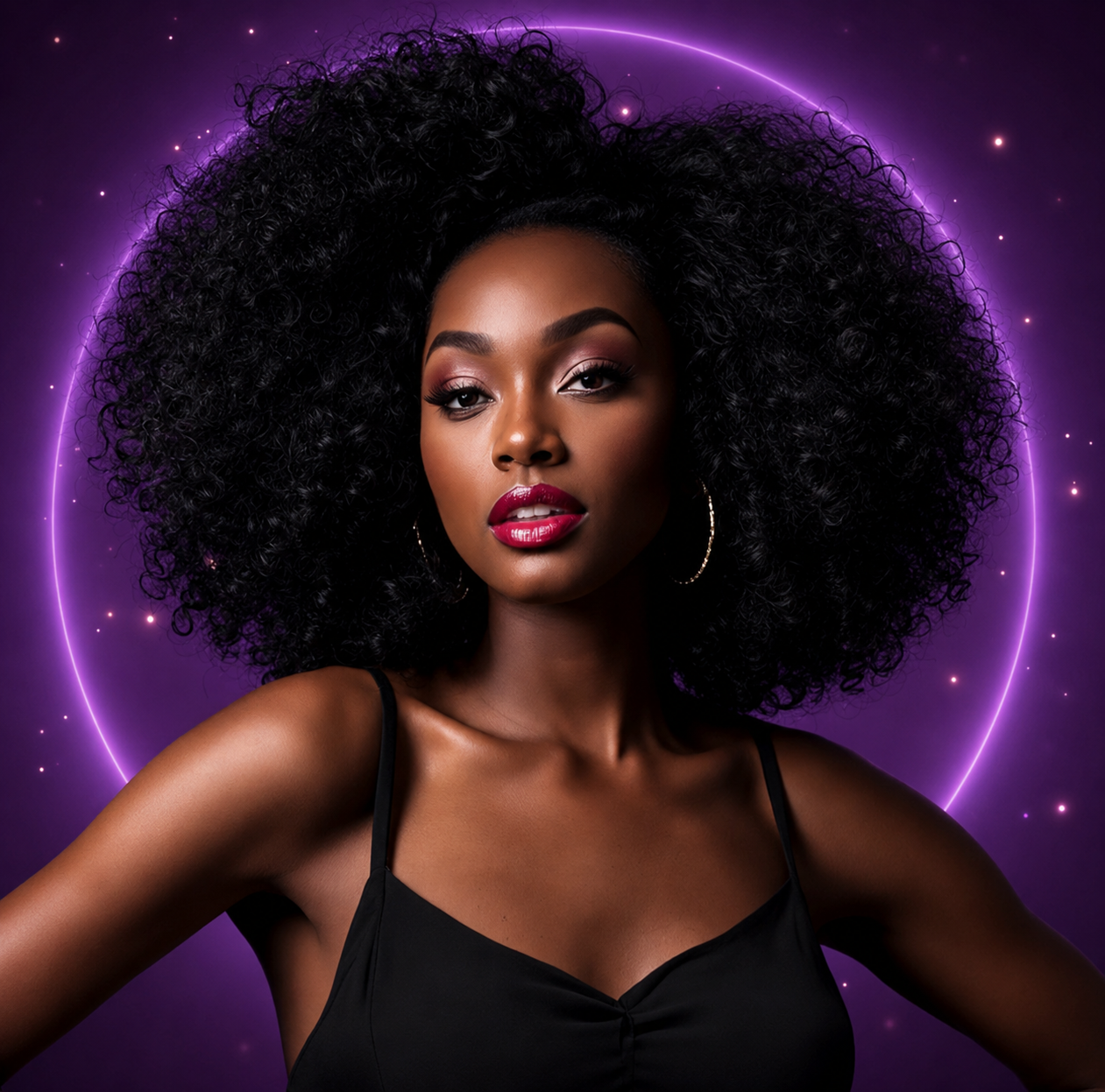 Woman with luxury styled natural hair on a purple glowing background