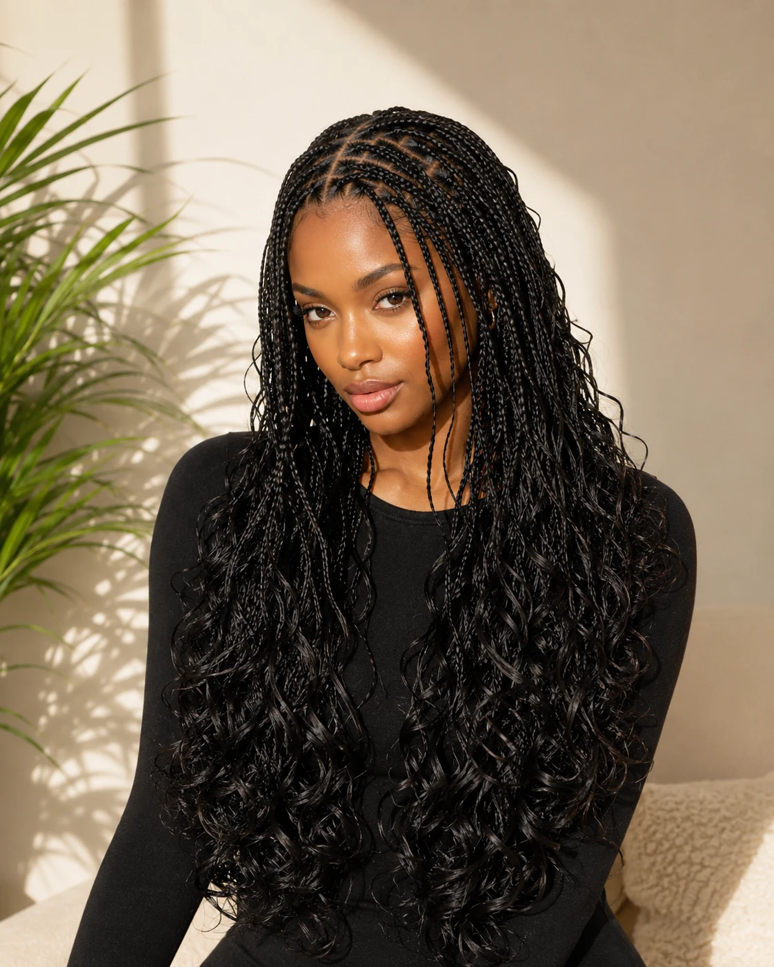 Long black curly braids styled by Sethakga Hair