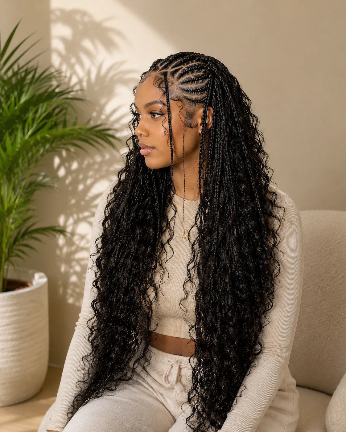Side view of long curly braids