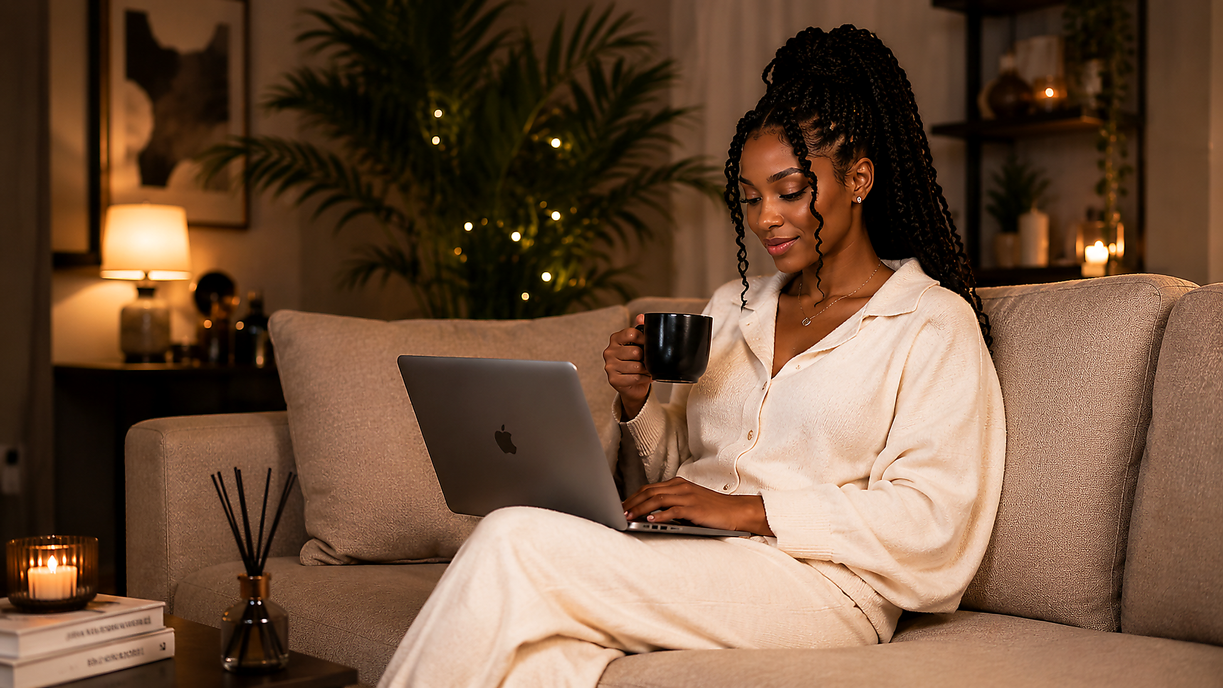 Woman relaxing on a couch with laptop and coffee