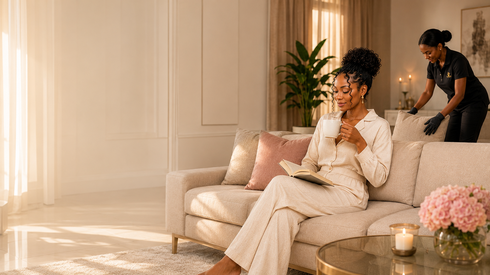 Woman enjoying her peaceful home while a Sethakga cleaner cares for the room