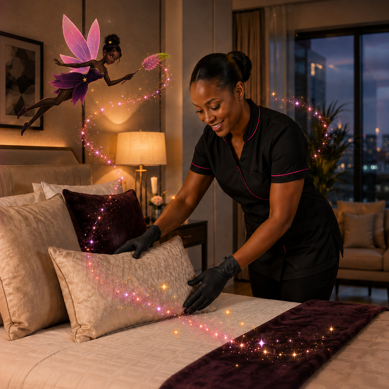 Sethakga cleaning fairy and professional cleaner preparing a luxury bedroom